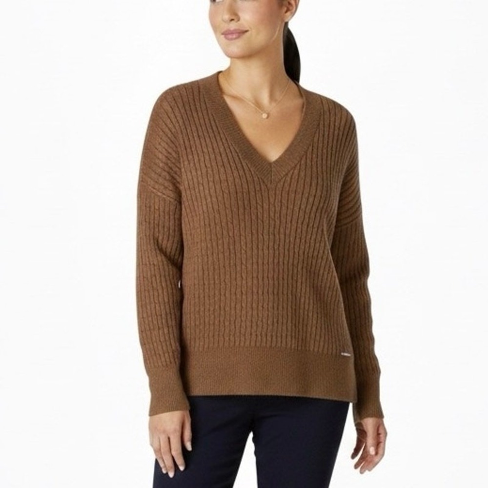 NWT Anne Klein Cable Knit V-Neck Sweater Cognac Brown Classic Preppy Size XL